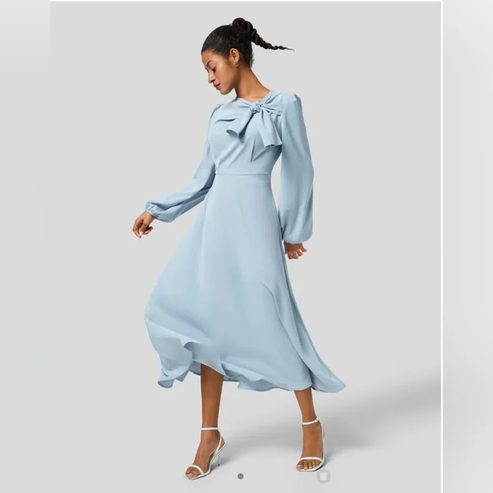 🛍HALARA Tie Neck Puff Long Sleeve Back Zipper Flowy Midi Work Dress,Large - Picture 6 of 16